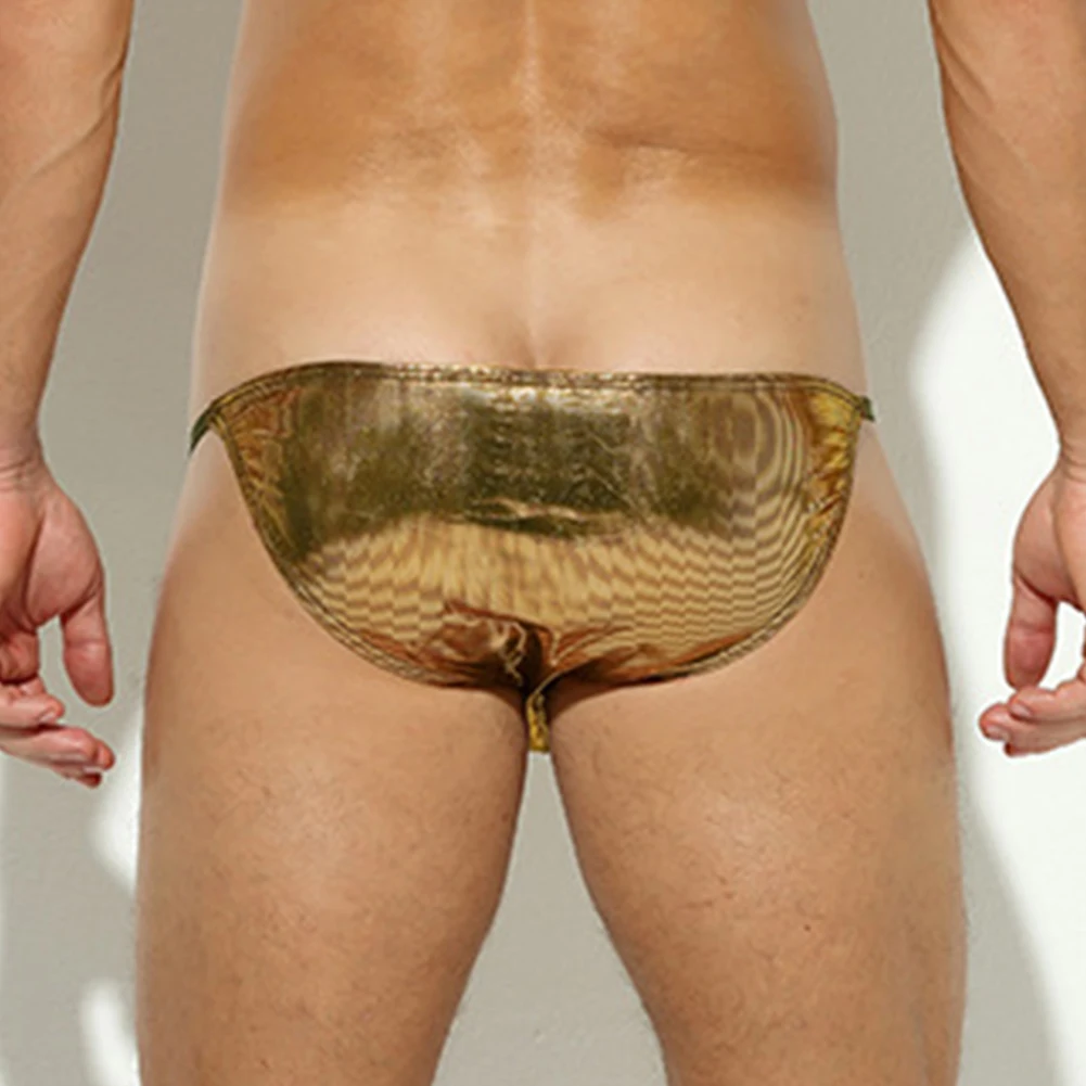 

Men Sexy Bulge Pouch Faux Leather Briefs Sheer Mesh See Through Panties Low Waist G-string Underpants Bikini Underwear Swimwear