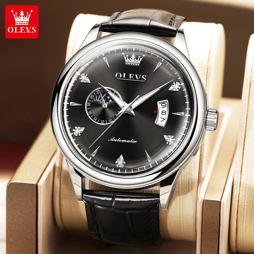 

OLEVS Brand Men Watches Luxury Automatic Mechanical Watch Leather Waterproof Watch Men Military Wristwatch Man Calendar Clock