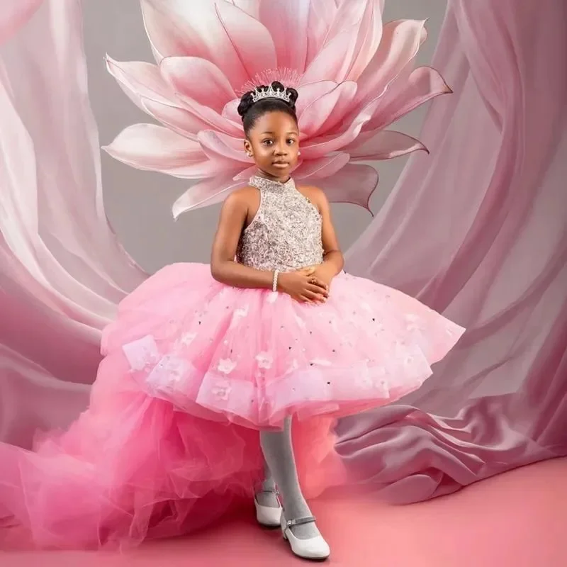 

Elegant Customized Flower Girl Dress For Wedding Sleeveless Trailing Tulle Puffy Beading Kids Birthday First Communion Gown