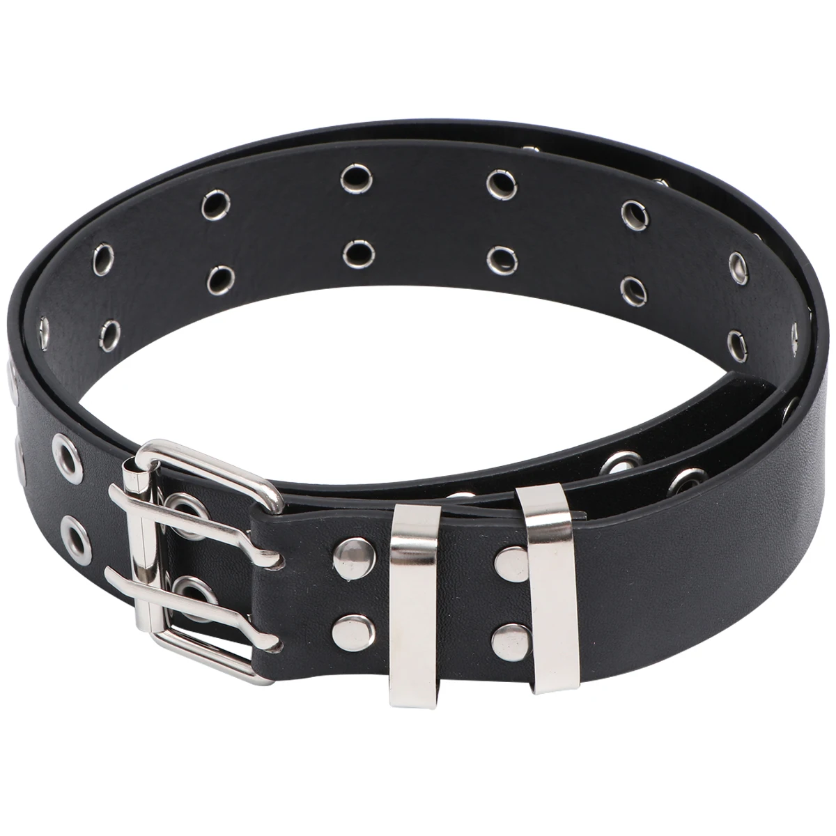 

Double Rows Holes Belt Black Punk Style Durable PU Iron Waistband Comfortable Practical for Men Women Casual Office Date