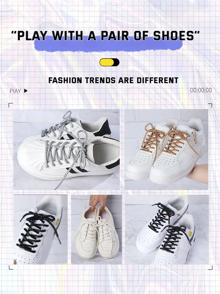 Round Glitter Shoelaces of Sneaker Trendy Bright White Colorful Lurex Shoelaces White Casual Sports Leather Running Shoes Laces