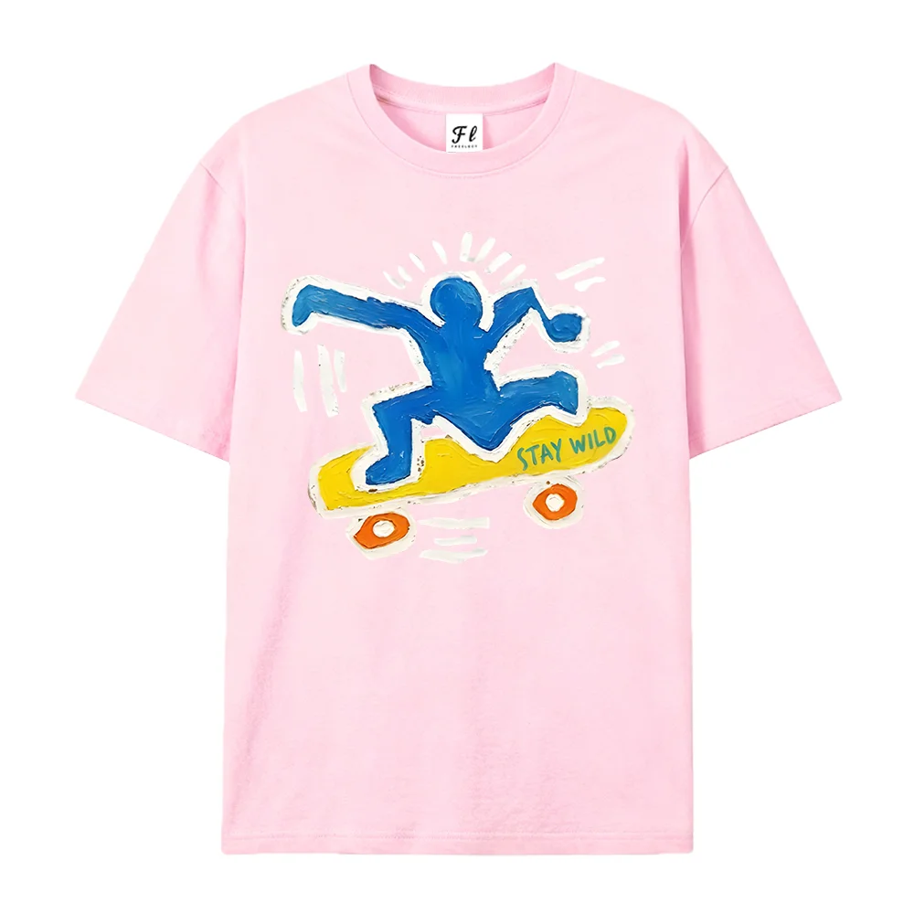 Unisex Stay Wild Skateboard Figure Graphic T Shirt Abstract Street Art Print Crew Neck Casual Loose Short Sleeve Skater Tees