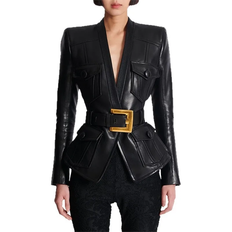 2025 Latest Design Women's Jacket Black V-neck Spliced Pockets Long Sleeves with Buttons Coat Fashion Belt Slim Leather Jackets