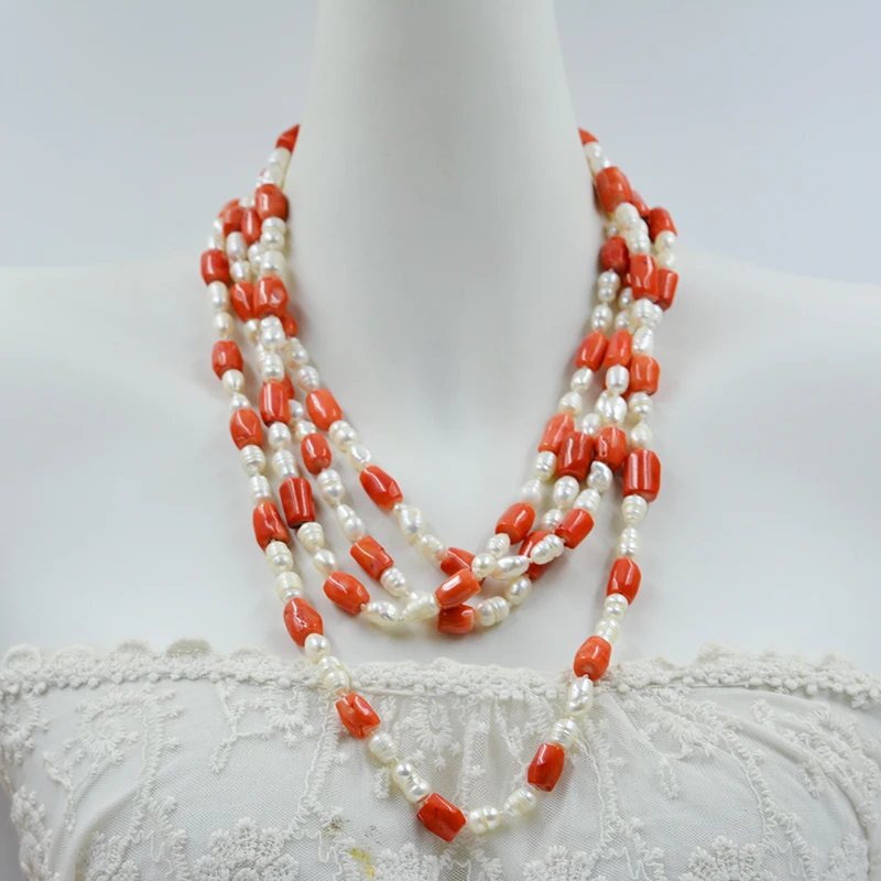 200CM. Glamour Women's Sweater/Dresses Necklace. 7MM natural white pearl and 8MM natural orange coral