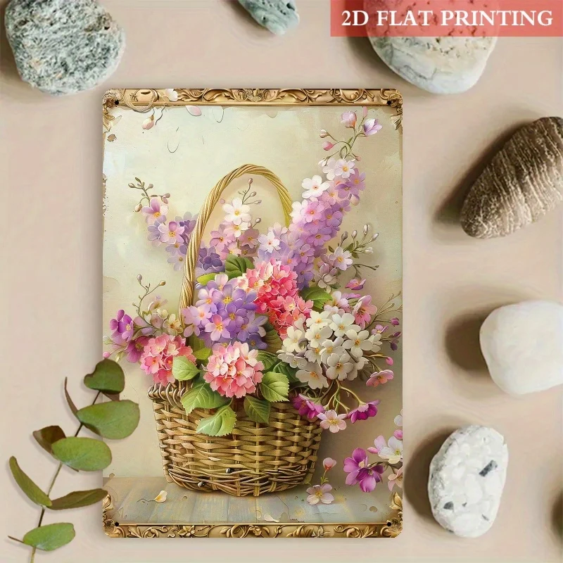 2D Flat, 2D Flat Plane, 1pc Vintage 2D Flat Metal Wall Art - 8x12 Inches Romantic Flower Basket with Pink, Purple, and White Flo