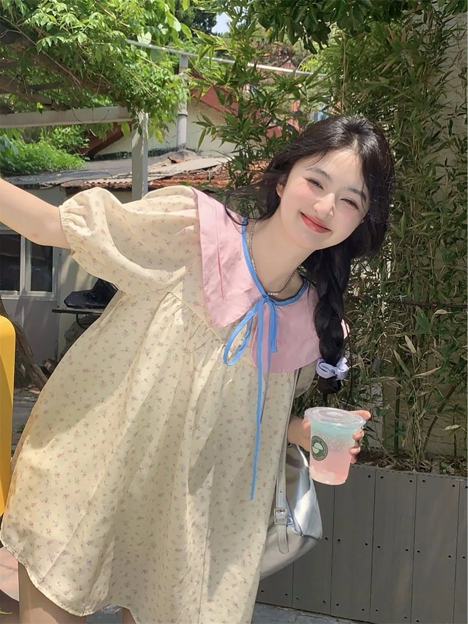 

Sweet Girl Short Skirt with Bow Loose Dress Women's Spring Season Color Collision Doll Collar Bubble Sleeve A-Line Dress