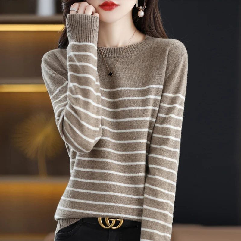 

2023 Autumn/Winter New Women's Sweater 100% Wool Cashmere Sweater O-Neck Knitted Stripe Pullover Loose Soft Casual Women's Top