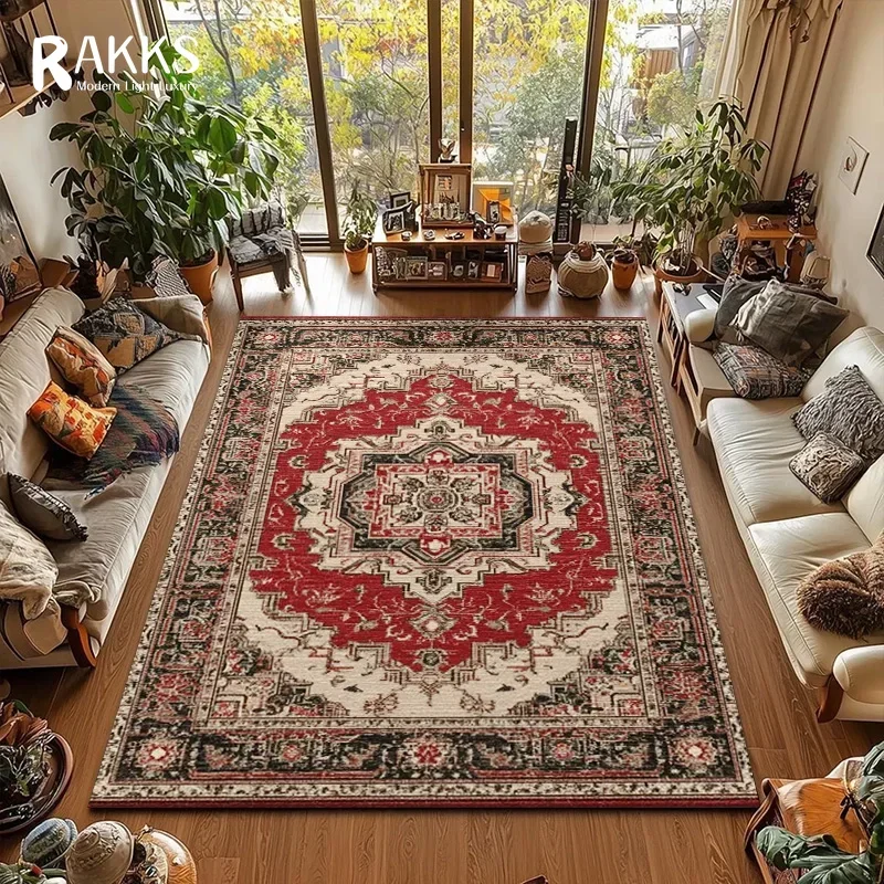 سجادة منطقة مخملية حمراء من RAKKS Boho، سجاد منخفض الكومة غير قابل للانزلاق بنمط طباعة الميدالية الفارسية بنمط متعدد