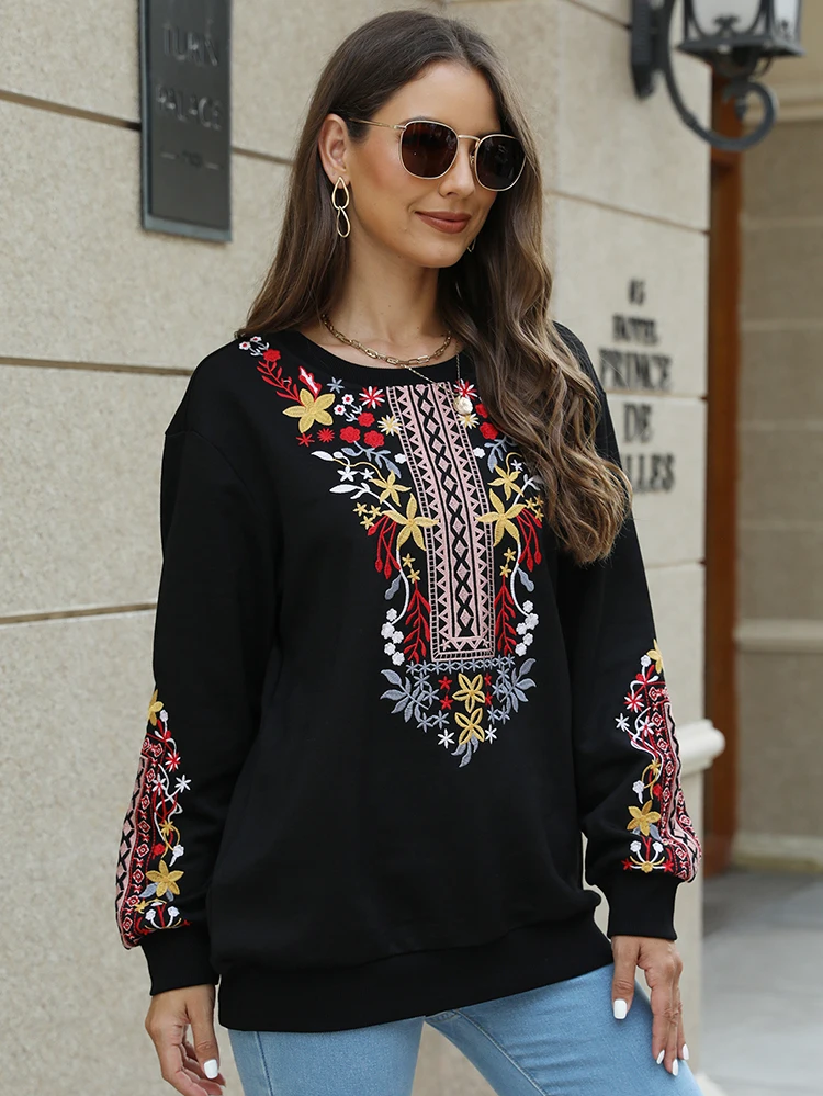 Khalee Yose Floral Embroidery Hoodie Pullover Sweatshirt Boho Cotton Black Autumn Harajuku Vintage Streetwear Female 23XXL Top