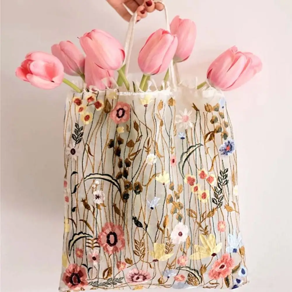 Camellia Bloem Borduren Doek Tas Kant Grote Capaciteit Canvas Schoudertas Kruidenier Handtassen Handtas Etnische Stijl Tas Dames