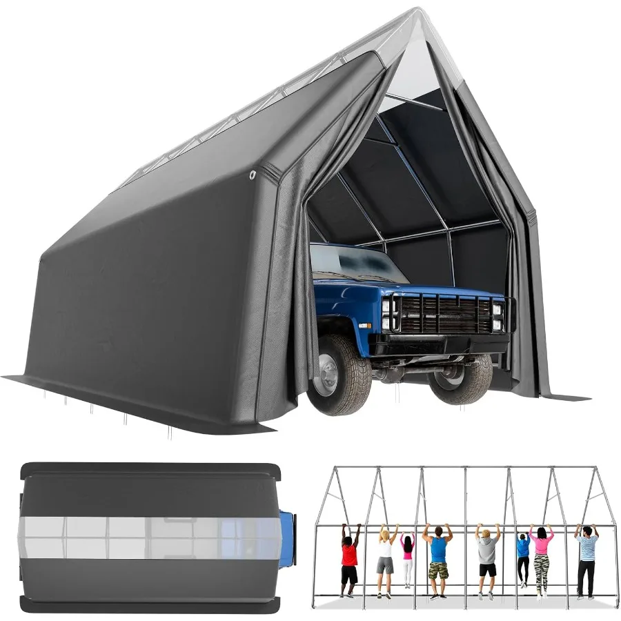 Skyview Portable Garage, Feet Heavy Duty Carport Canopy with Translucent Roof, Reinforced Metal Frame, Zipper Doors, All-Weathe