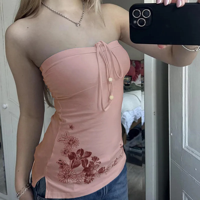 Spring and summer print is sweet to put on the breast vest holiday wind show thin outside wearing a tie-in sweet dating blouse