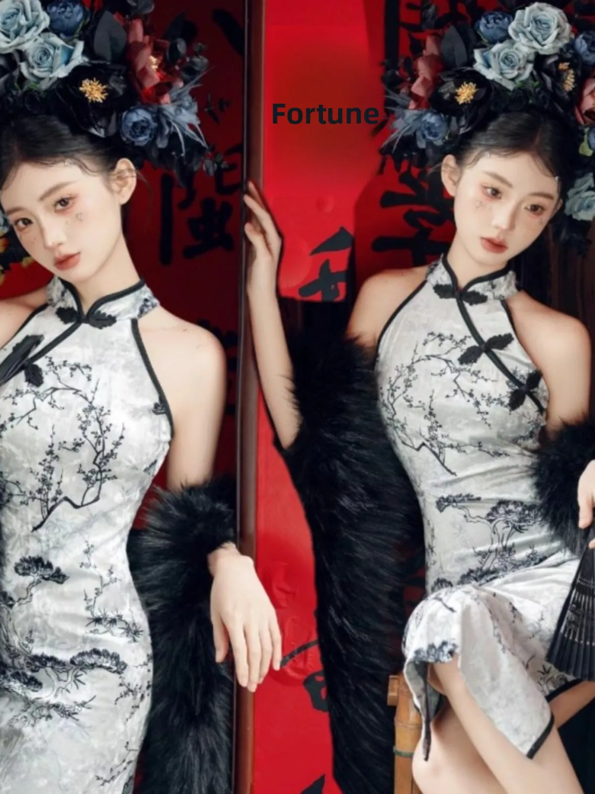 

Elegant Women's Dress Floral Hairpin Photography Vintage Travel Shoot Retro Chinese Style National Feature Clothing