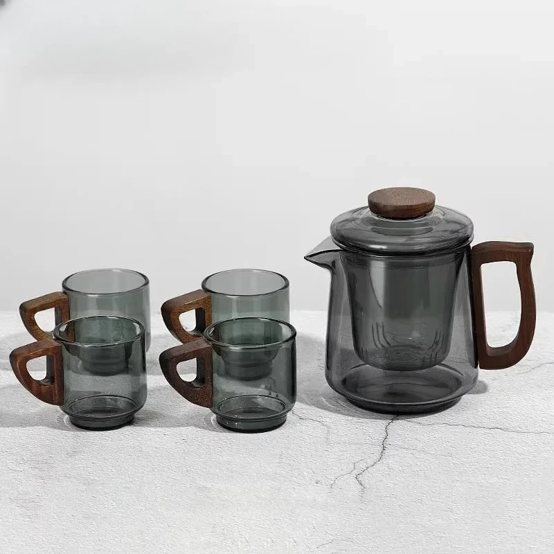 5pcs Set Heat-Resistant Teapot With Cup Wood Handle Tea Kettle With Removable Infuser Teapot Blooming And Loose Leaf Tea Maker