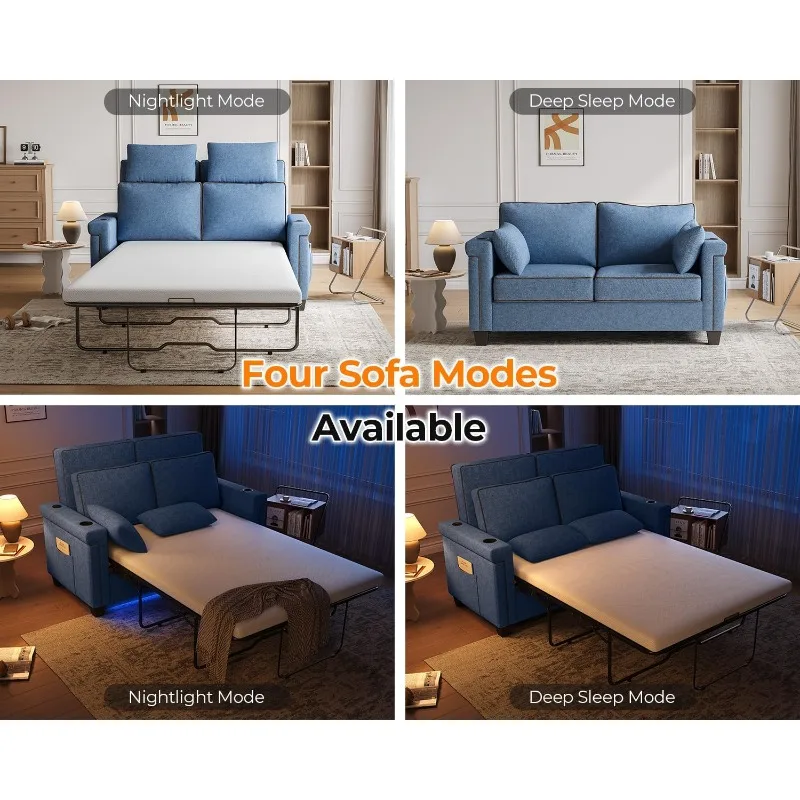 2-in-1 convertible pull-out sofa bed with USB charging interface, compact living space, apartment, office, blue