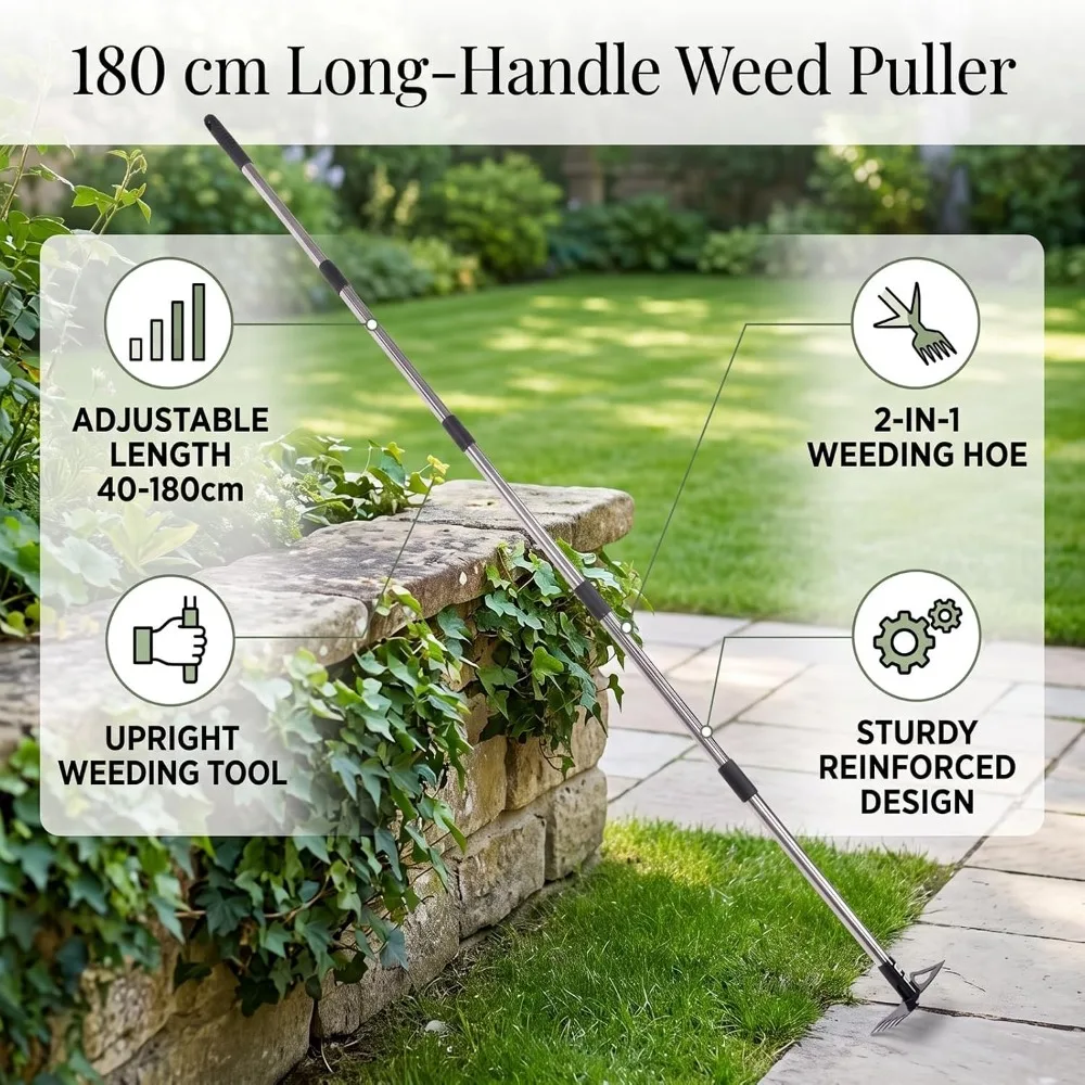 Durable Steel Weed Puller Tool 2 in 1 Heavy Duty Garden Hoe Rake Long Handle Adjustable Stand Up Weeding Tool