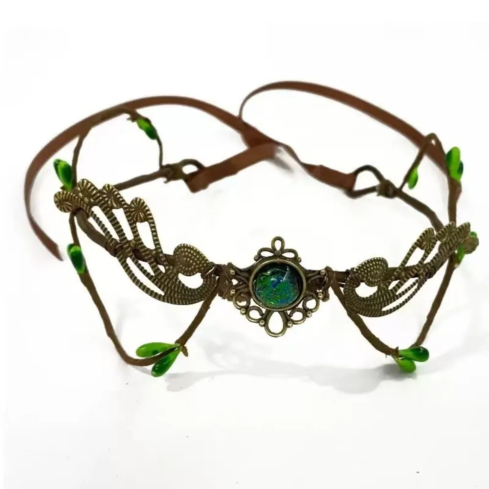 Moon Flower Elven Crown Renaissance Green Gemstone Bridal Forehead Chain Vintage Gemstone Branch Leaf Headpiece Wedding