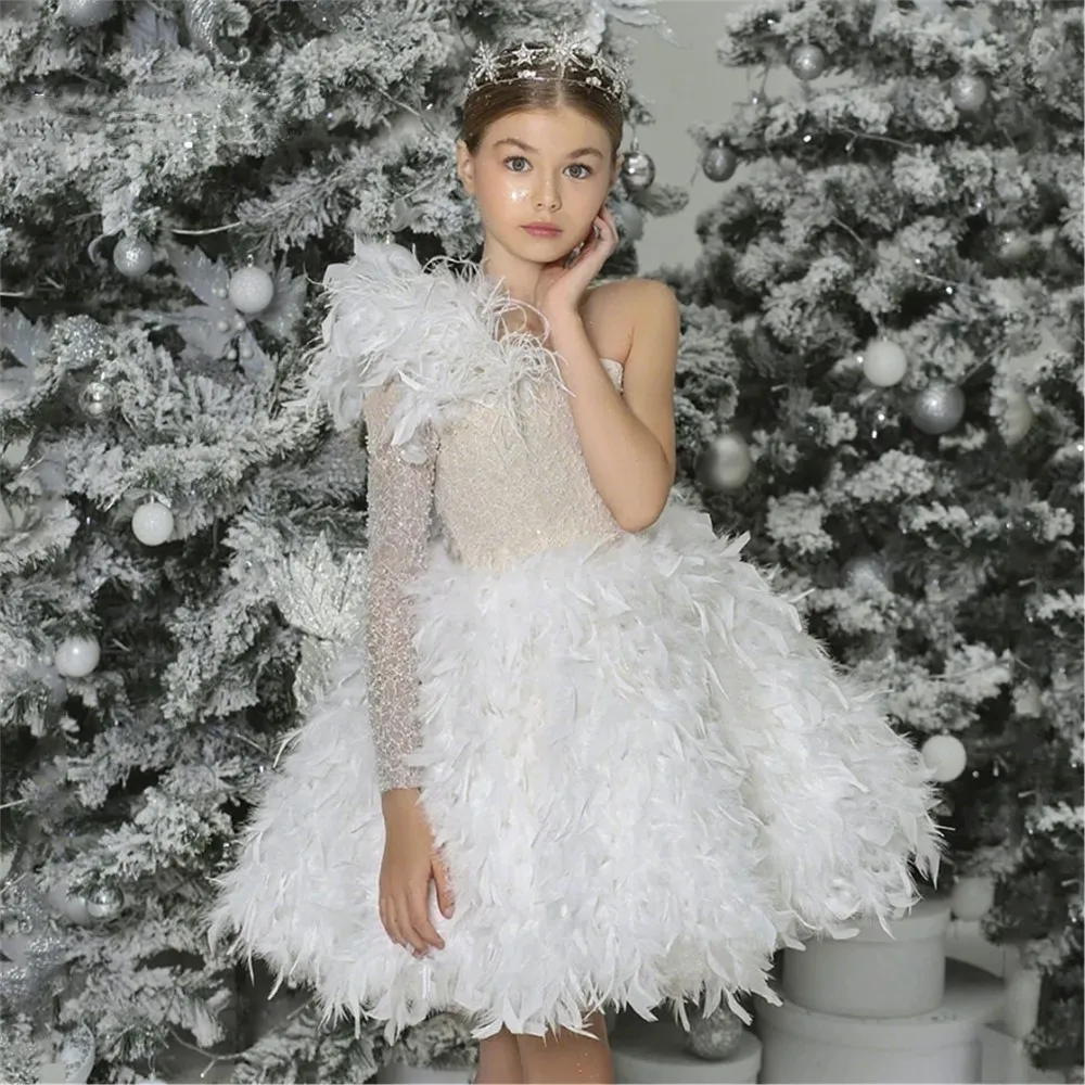 

Luxury Customized Feathers Flower Girl Dress for Wedding One Shoulder Princess Birthday Party Pageant Dress First Communion Gown