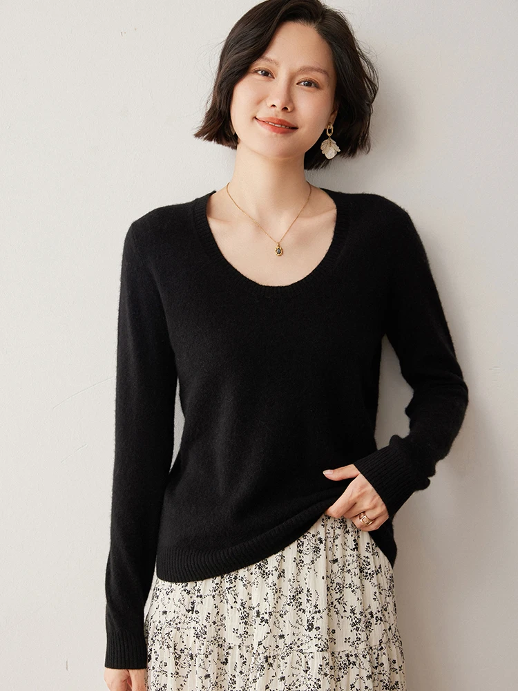 Autumn Winter High-end 100% Cashmere Sweater Women's Pullover Knitwear U-neck Solid Versatile Soft Basic Long Sleeve Tops
