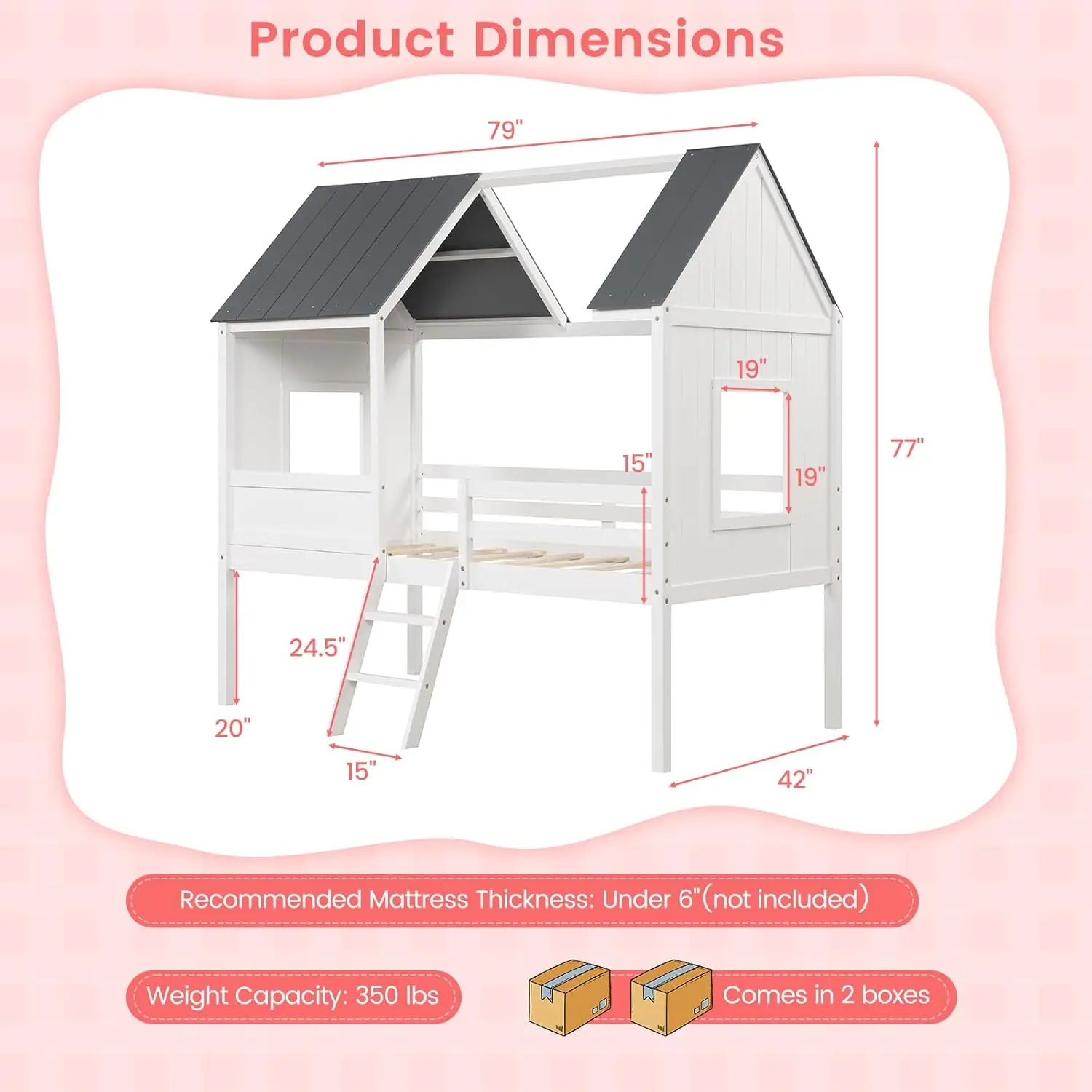 Twin House Bed Frame, Kids Low Loft Bed Frame with Roof, Side Windows & Ladder, Wooden Slatted Support Playhouse Bed for Girls