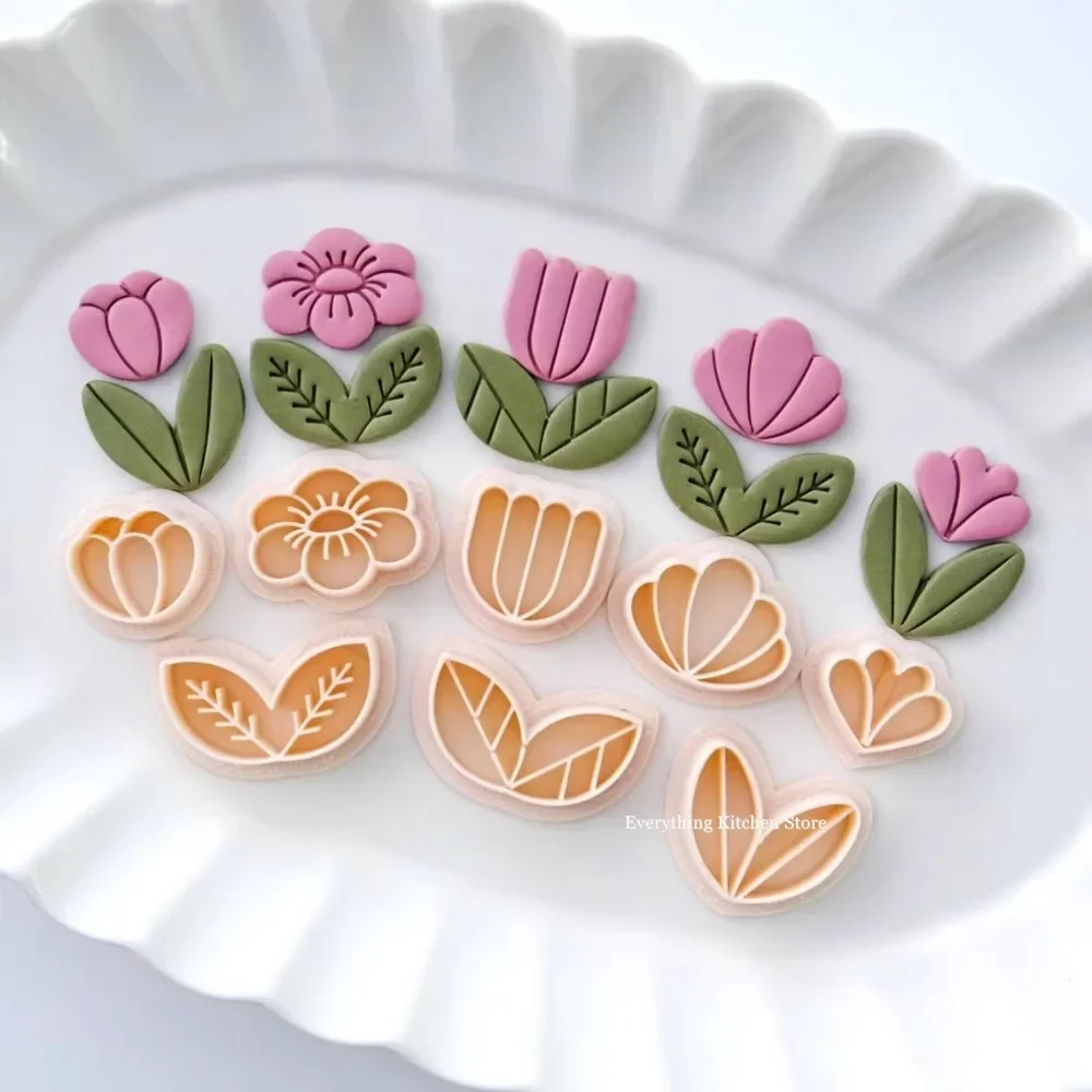 Tulip Daisy Polymer Clay Cutter DIY Soft Pottery Earrings Flower Leave Clay Brooch Jewelry Decorative Modeling Cutting Die Tools