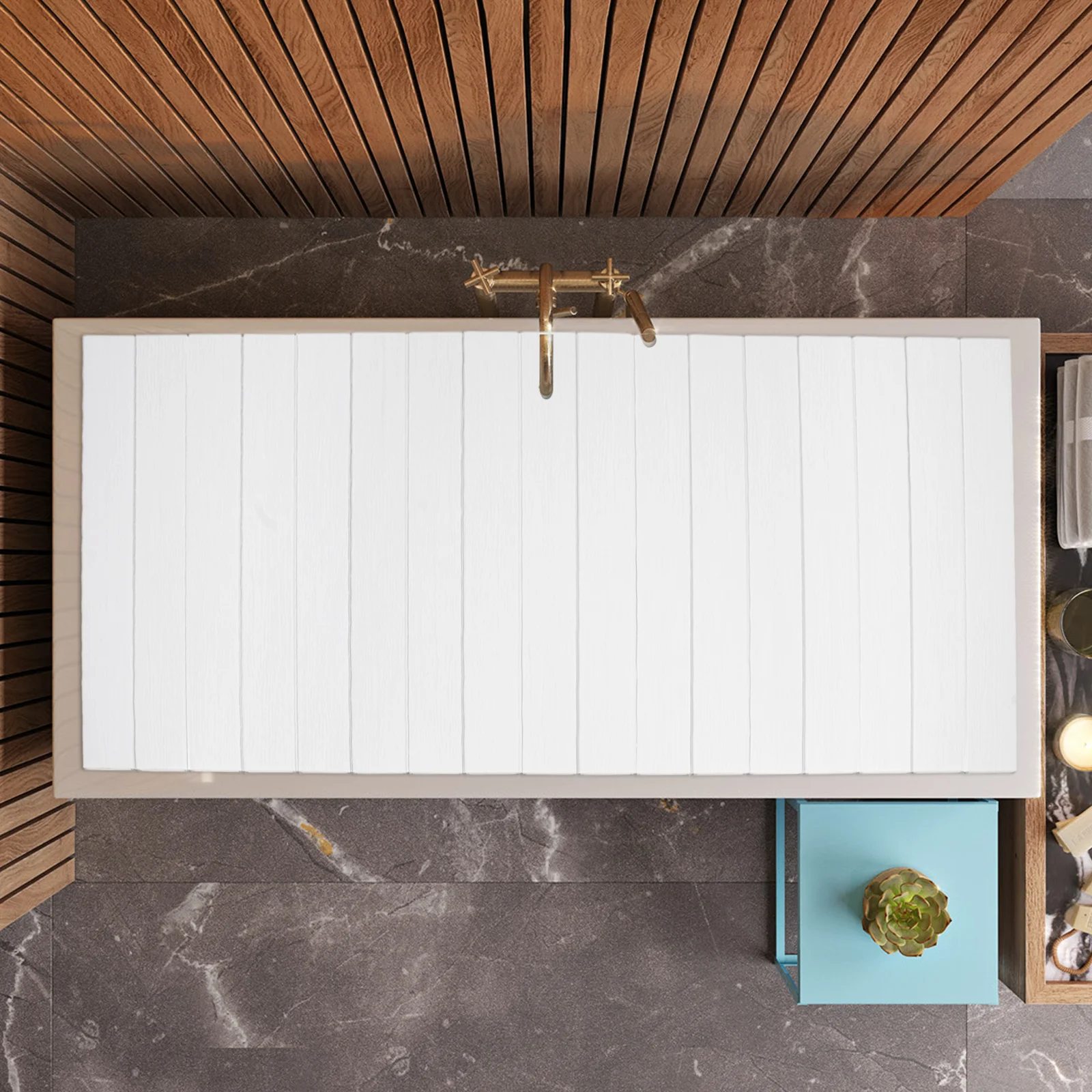 

Premium Foldable Heat Retention & Dust Protection Bathtub Cover, White Wood Grain PVC Bath Cover, Modern Rectangular Spa Cover