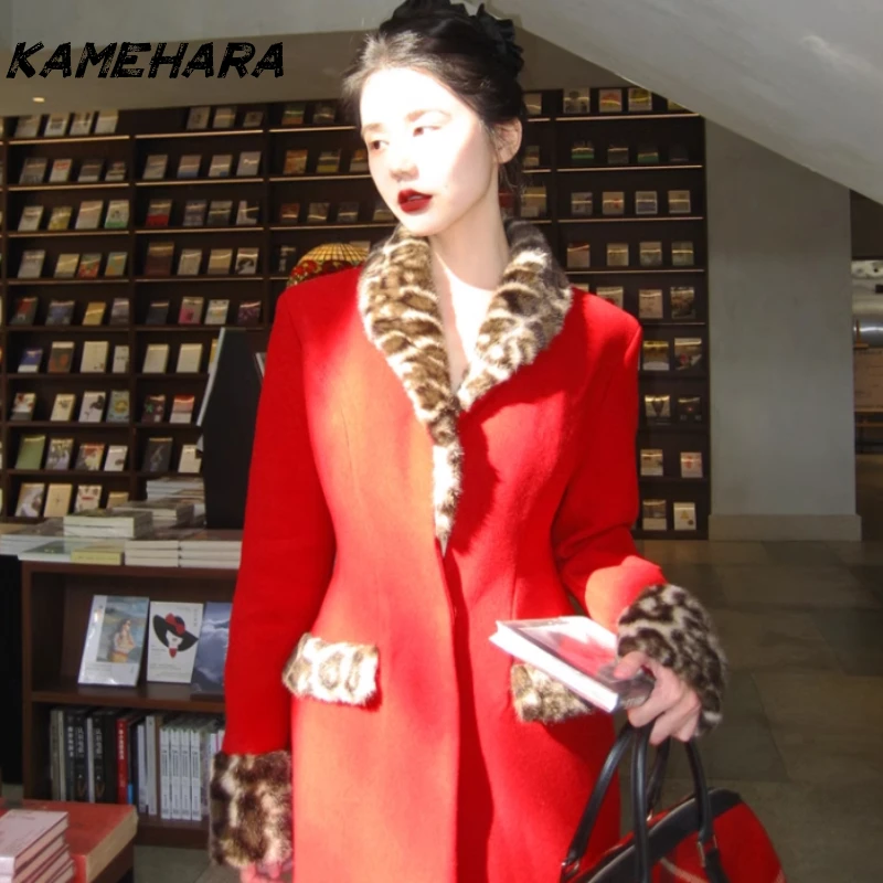 

KAMEHARA Y2k Зимний шерстяной блейзер в стиле Хепберн с леопардовым принтом, элегантный облегающий длинный утепленный шерстяной пиджак, высококачественная шикарная верхняя одежда