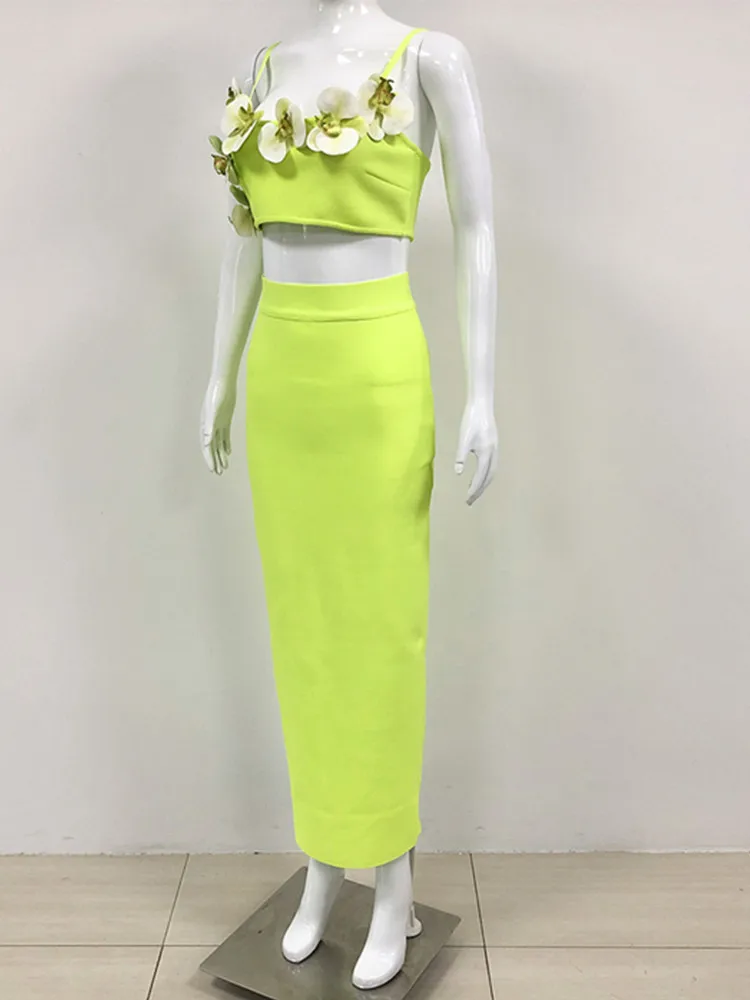 Women Celebrity Sexy Backless Flower Neon Green Mid-Calf Bandage Skirt Set 2024 Knitted Elegant Evening Club Party Clothing