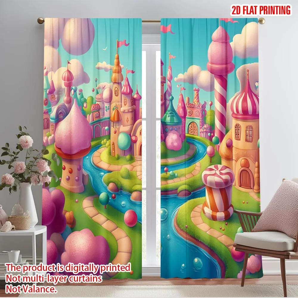 2pcs,2D plane printing Popular Curtains Candy Castle Sweet Dreamscape (2) Durable 100% Polyester Fabric (without rod) Versatile