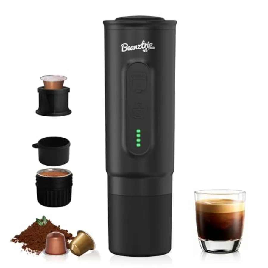 

Travel coffee maker for camping, stainless steel black, 20 bar portable espresso machine compatible with NS capsules and ground
