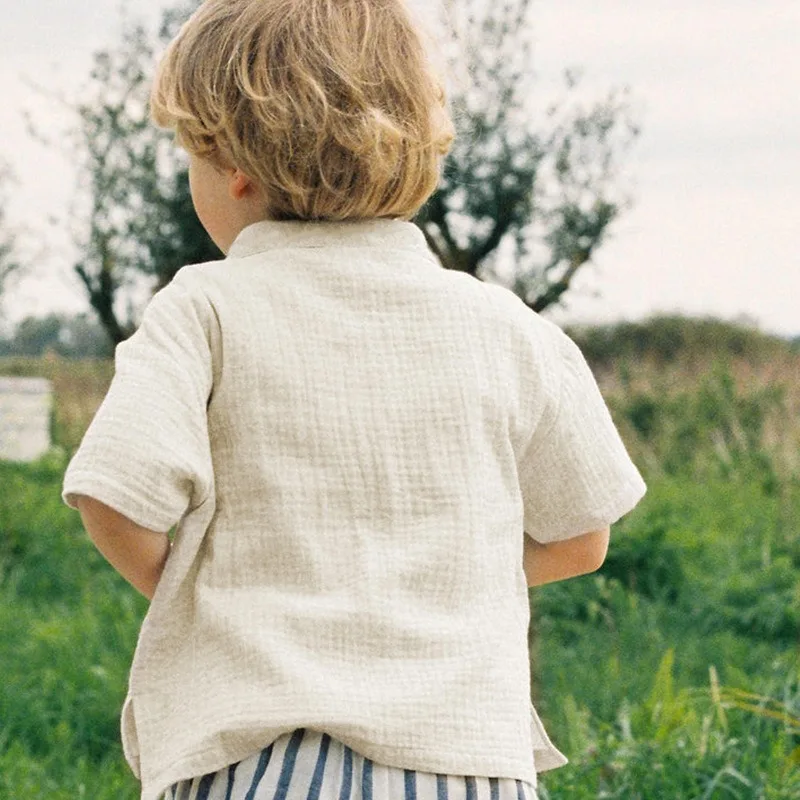 الفتيان والفتيات الطباعة التطريز قصيرة الأكمام قميص 100% القطن طبقة مزدوجة كريب عادية التلبيب أزرار الصيف سترة القمم