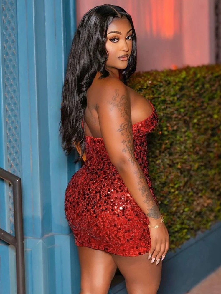 FDYOUI-vestido Sexy de noche con lentejuelas y cuello Halter para mujer, vestidos de fiesta brillantes sin mangas y espalda descubierta, vestidos de boda negros y rojos