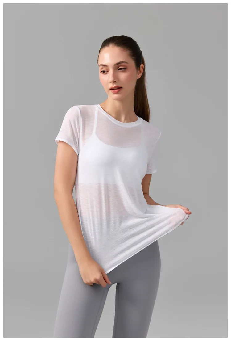 Damen Yoga-Überziehshirt mit strukturierter, kurzer Ärmelform, ausgestelltem Design, atmungsaktiv, schnelltrocknend, ideal für Pilates und Fitnessstudio. – Detail 12