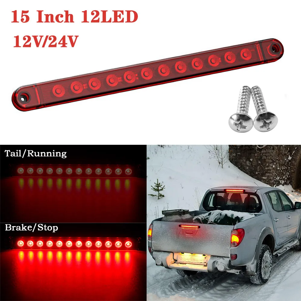 1PCS 12V/24V 15Inch 12LED Truck Side Marker Indicator Lights Car Strobe Lights Pickup Running Warning Rear Tail Stop Lamp Red