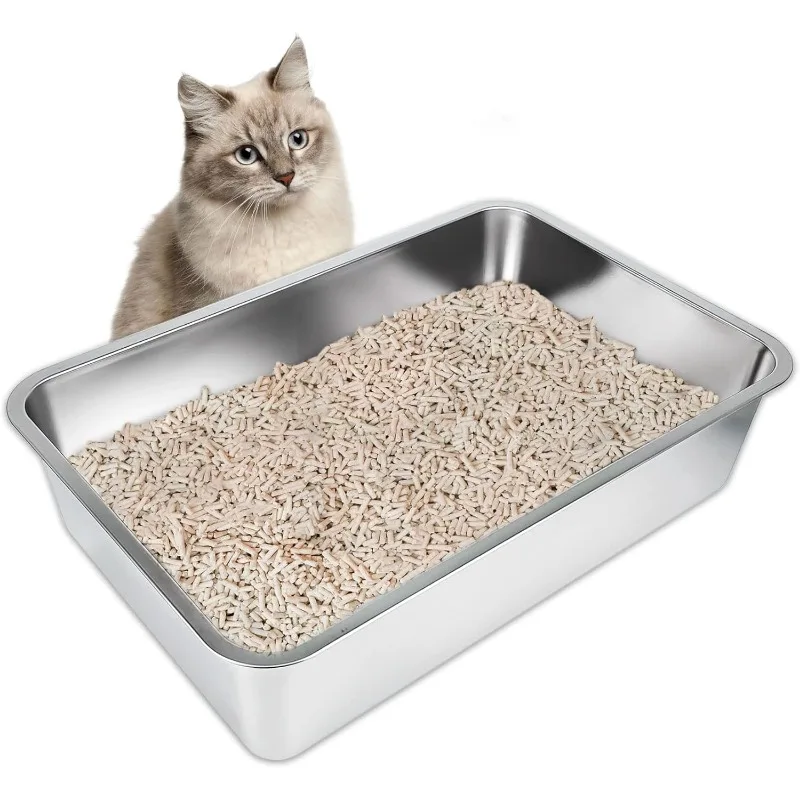 Stainless Steel Cat Litter Box, Large Metal Litter Pan for Cats Rabbits, Kitty Litter Box Never Absorbs Odors