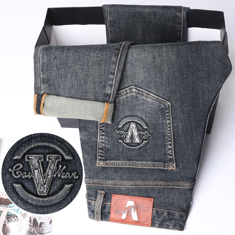 High-end fashion Slim straight jeans men\'s business stretch embroidery thick bottom denim pants