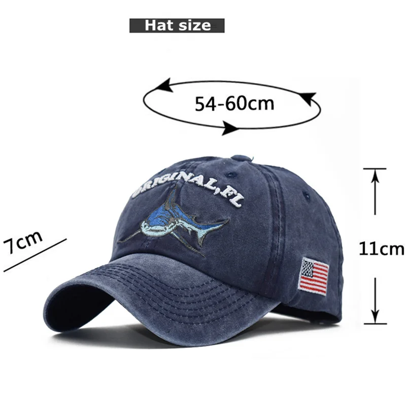 2021 Fashion Summer Women Men Washed Cotton Men Baseball Cap Fitted Cap Snapback Hat Gorras Casual Embroidery Letter Shark Retro