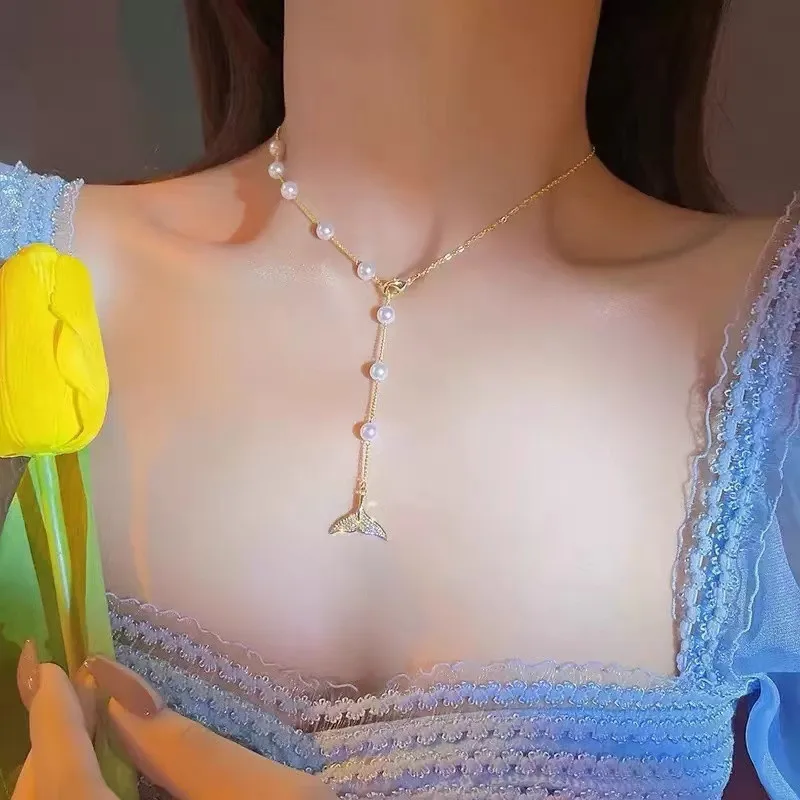 

ins Pearl Necklace Fish Tail Gypsy Pearl Necklace Light Luxury Autumn and Winter Sweater Chain Premium Jewelry