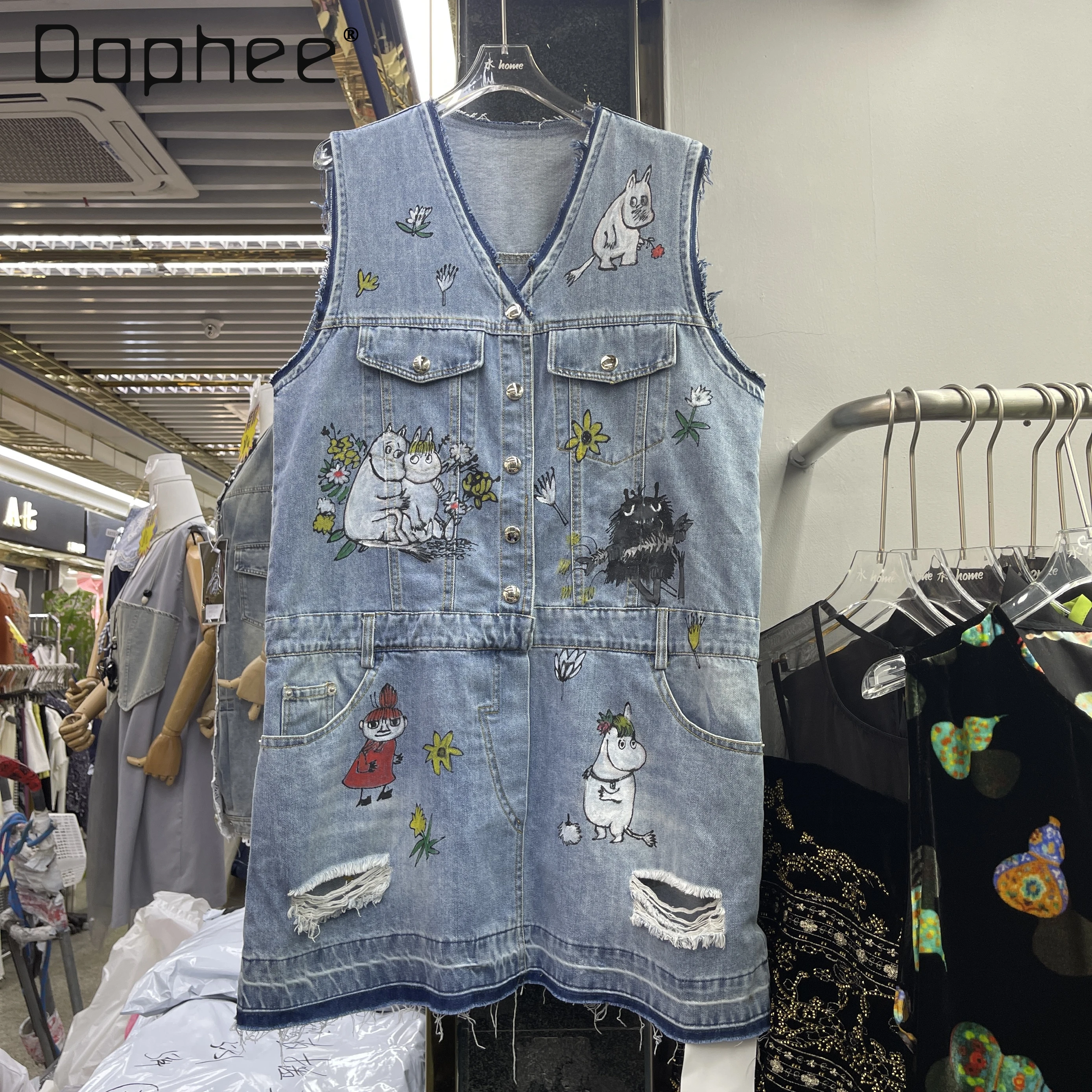 

2025 Summer New Vest European Goods Fashion V-neck Printing Color Cartoon Pattern Denim Sleeveless Dress Women Denim Vest