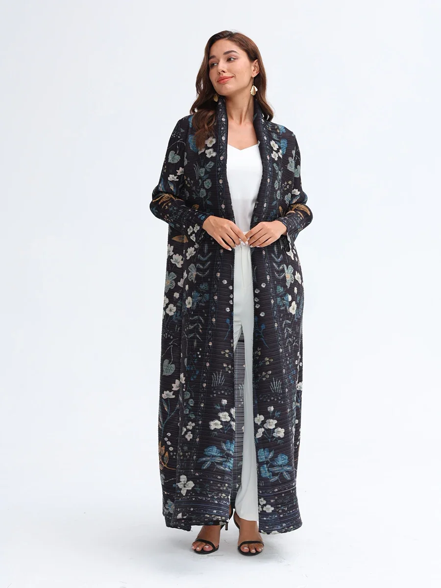 Miyake Plissee Abaya Umlegekragen Vintage Gedruckt Langarm Kleid Frauen 2025, Neue Designer Abayas Mode Lange Lose Mantel