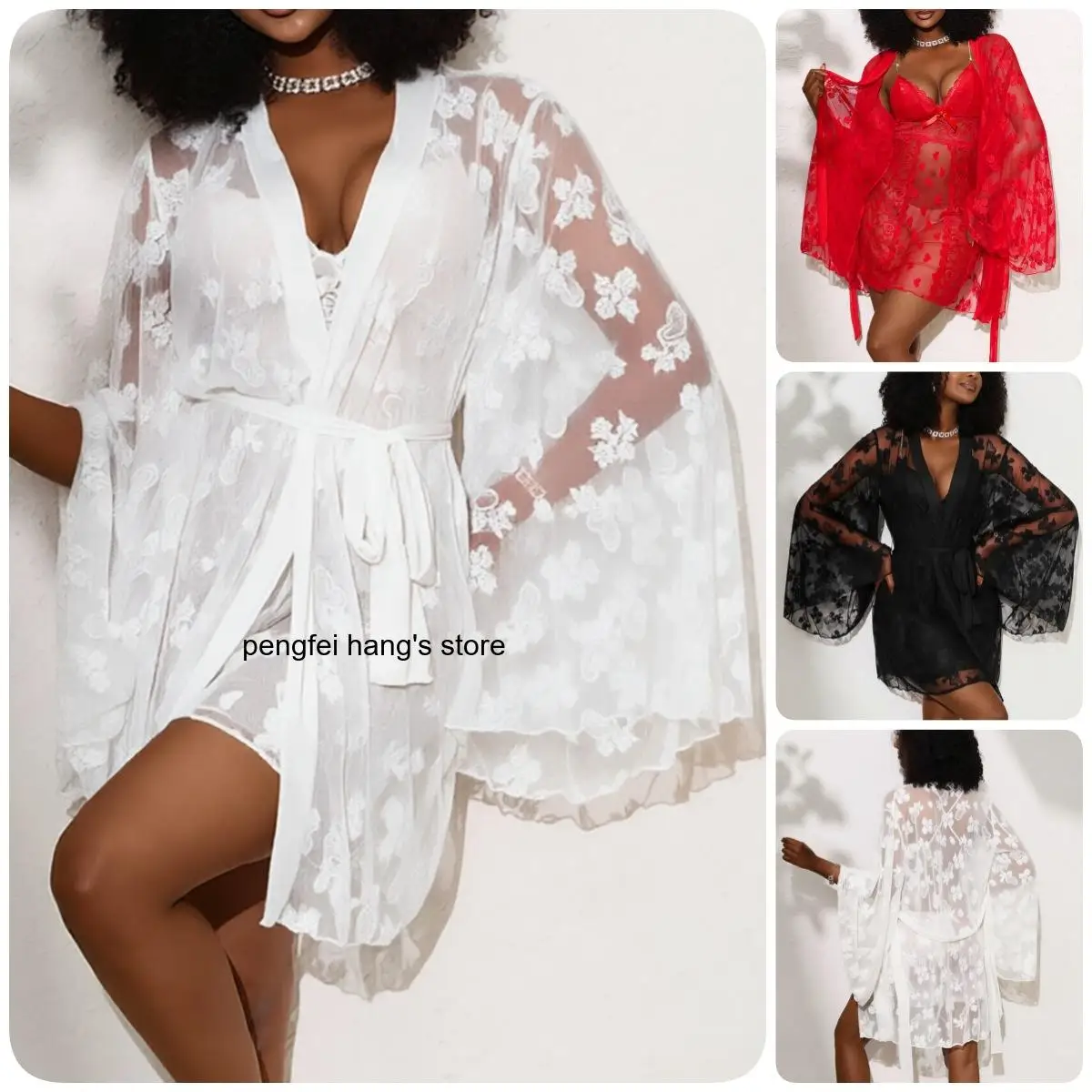 Women Sexy Floral Lace Short Bathrobe V Neck Self Tie Flare Sleeve Elegant Nightgown Kimono Robe Ladies Homewear Outer Cover Up