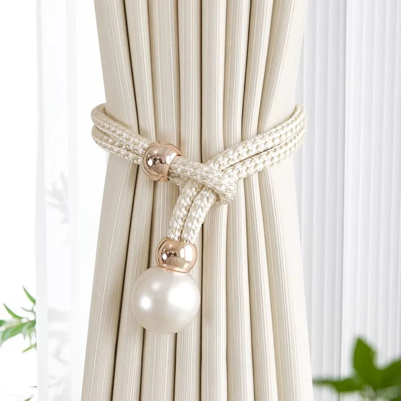 2pcs Pearl Curtain Tiebacks, Curtain Pearl Tiebacks, Decorative Fixings, Rope Curtain Tiebacks No Punch Adjustable Pull-outs