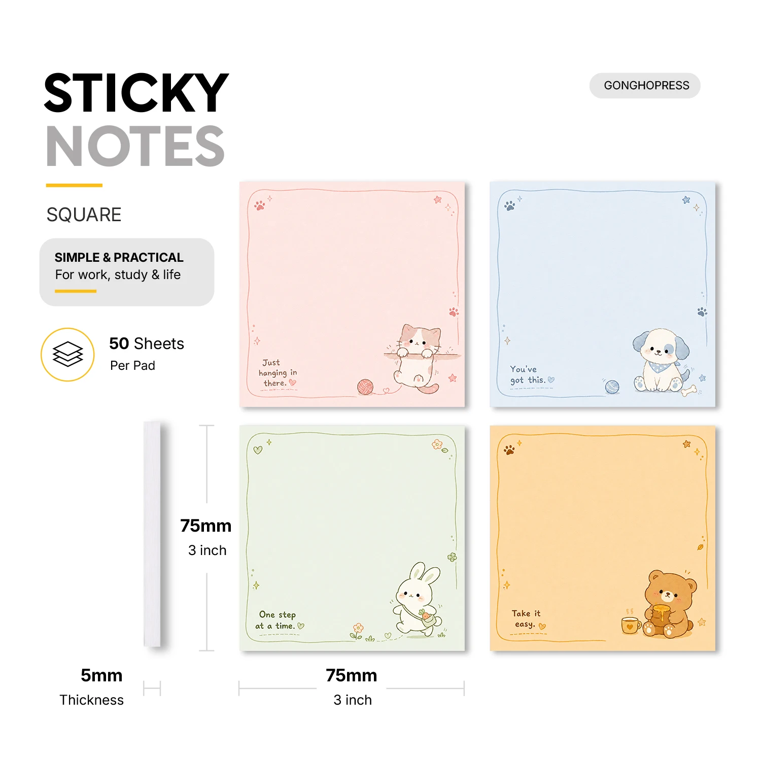4pcs Cute Animal Sticky Notes, Self Stick Memo Pads, Kawaii Motivational Notepads, Aesthetic Desk Stationery, Removable Adhesive