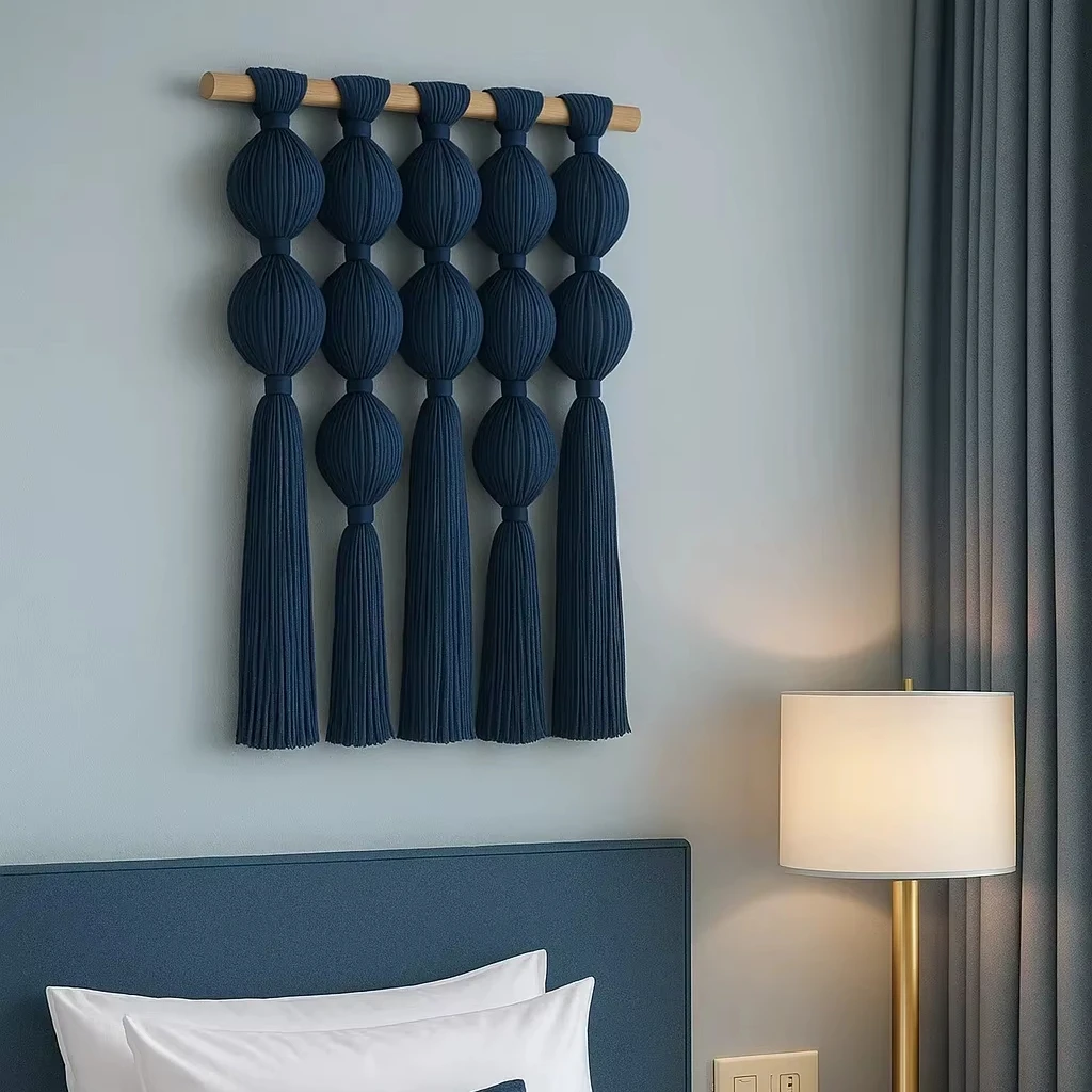 #￥Dark Blue Melancholy Bohemian Hand Woven Polyester Thread Hotel Room Bedroom Wall Hanging for Diwali Wedding Birthday Decor