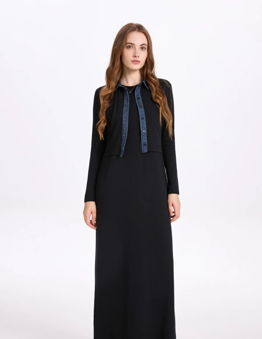 AS AW25 new design ribbing cardigan with denim collar + sleeveless maxi dress matching set for woman clothes