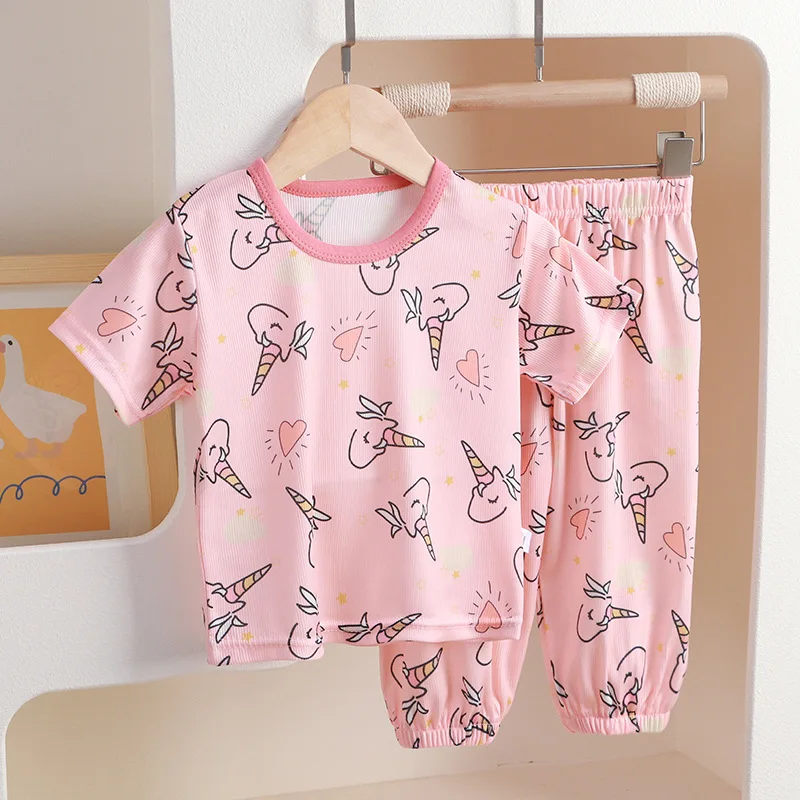 New 2024 Boys Girls Cute Cartoon Short Sleeve T-Shirt Tops + Pants Kids Summer Thin Clothing Sets Baby Casual Pajamas Loungewear