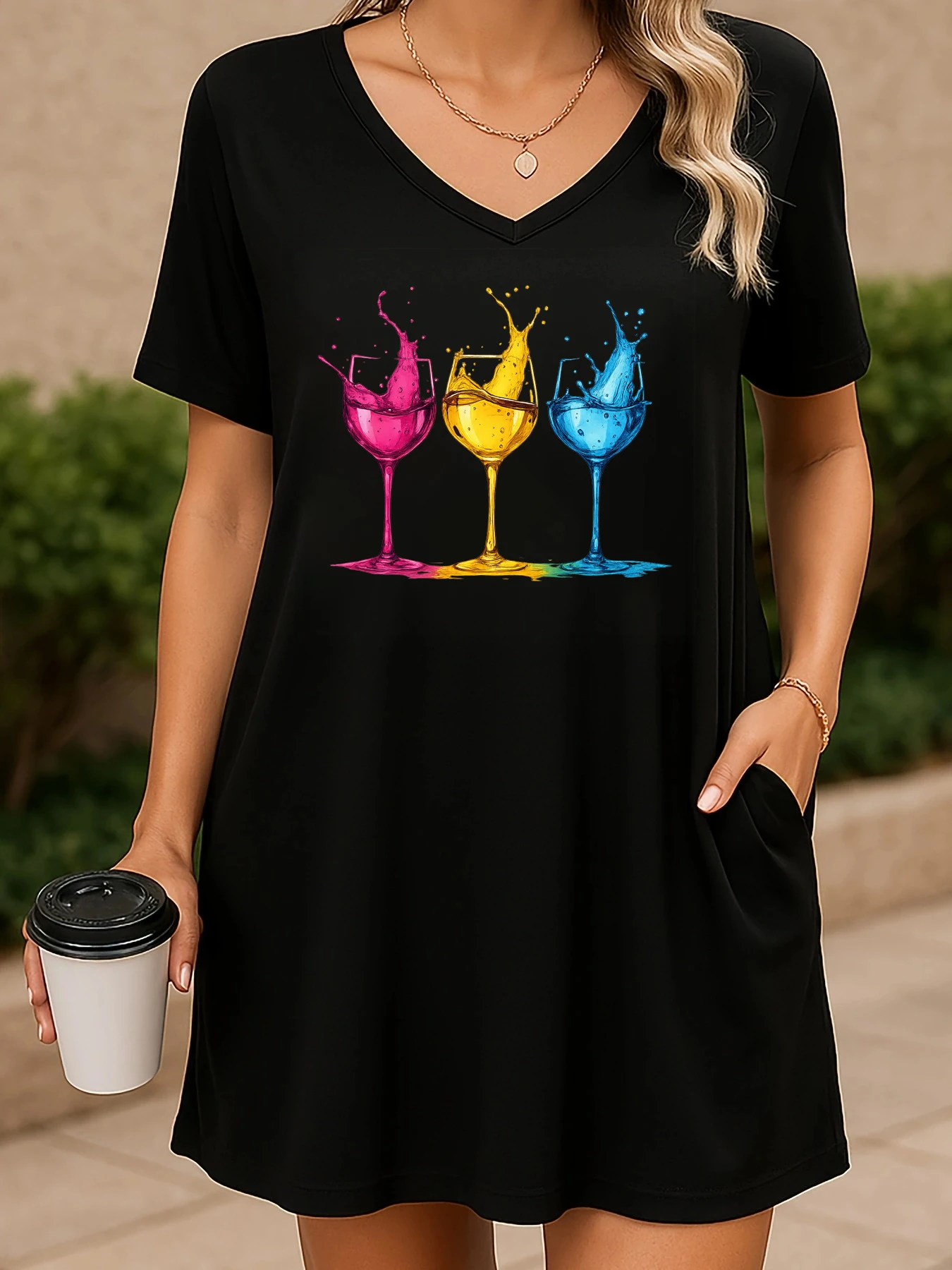 

2025 New Dress Summer with Pocket Y2K Breathable Women's Plus Size Pajamas Homewear Luminous Red Wine Glass Printed Short Skirt
