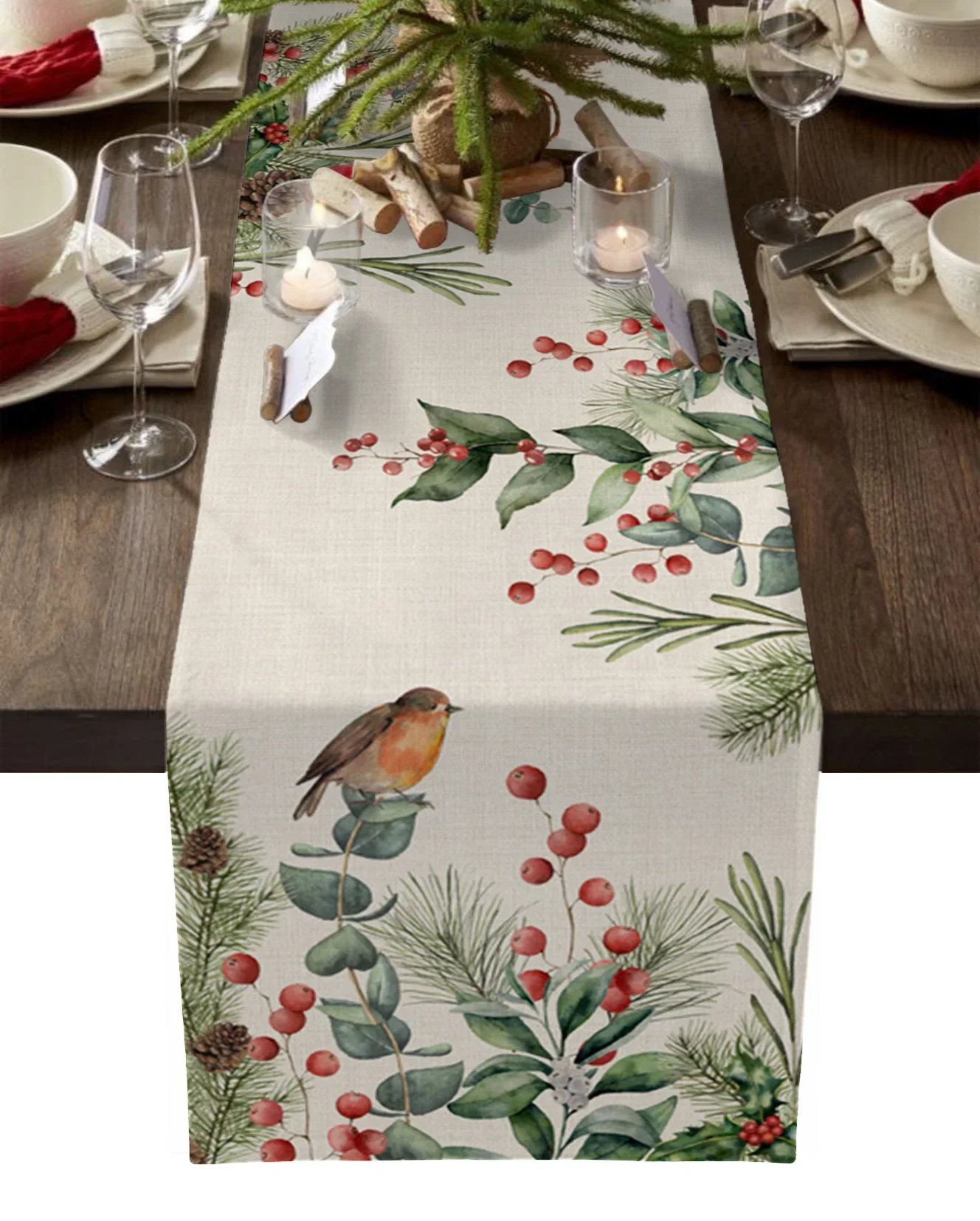 Christmas Winter Eucalyptus Linen Table Runners Wedding Centerpiece for Coffee Table Home Party Decor  Table Runners