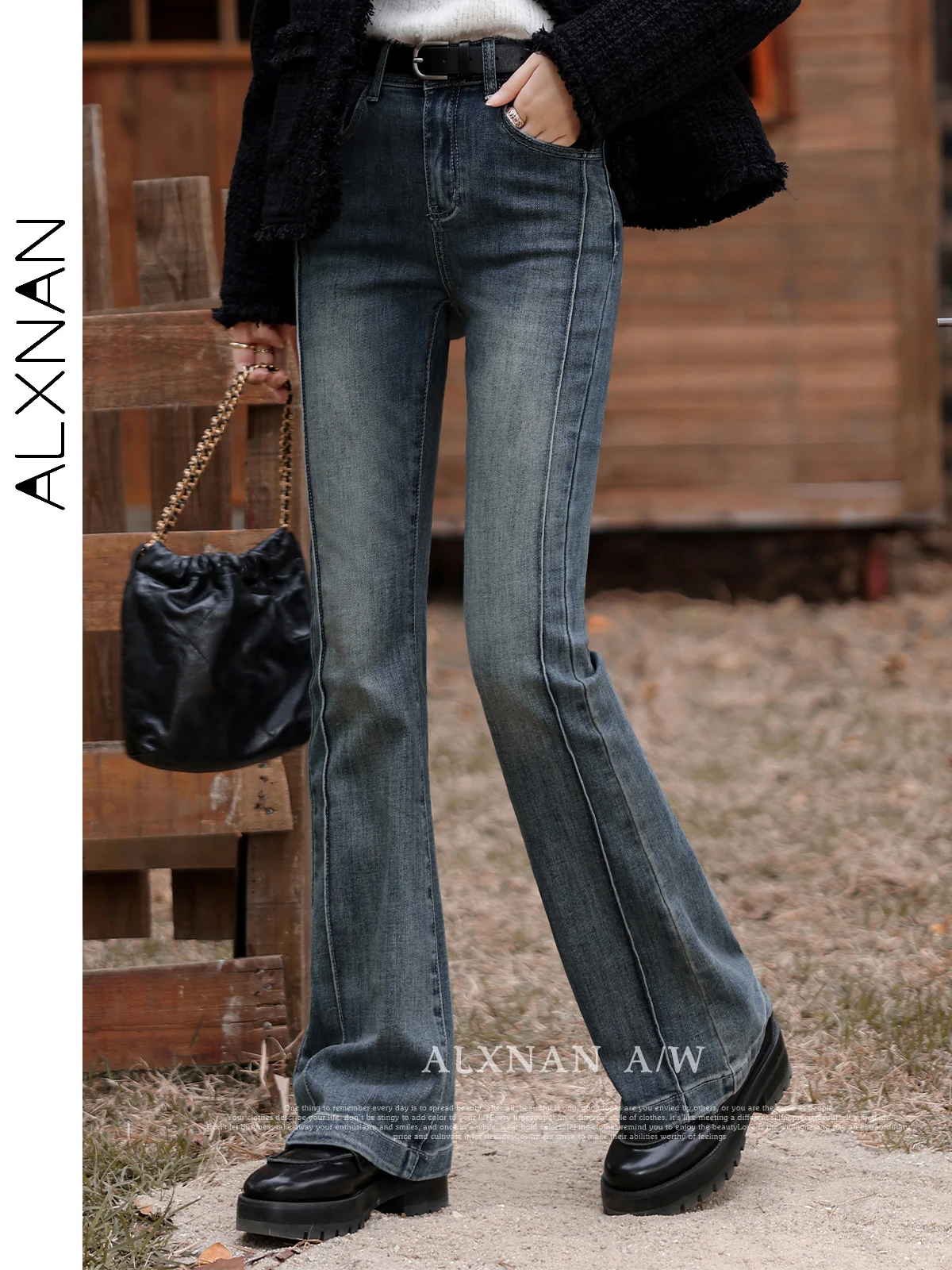 

ALXNAN Women's Slimming Jeans 2024 Fall Winter High Waist Thickness Flare Denim Pants Female Temperament Commuter Bottoms L33118