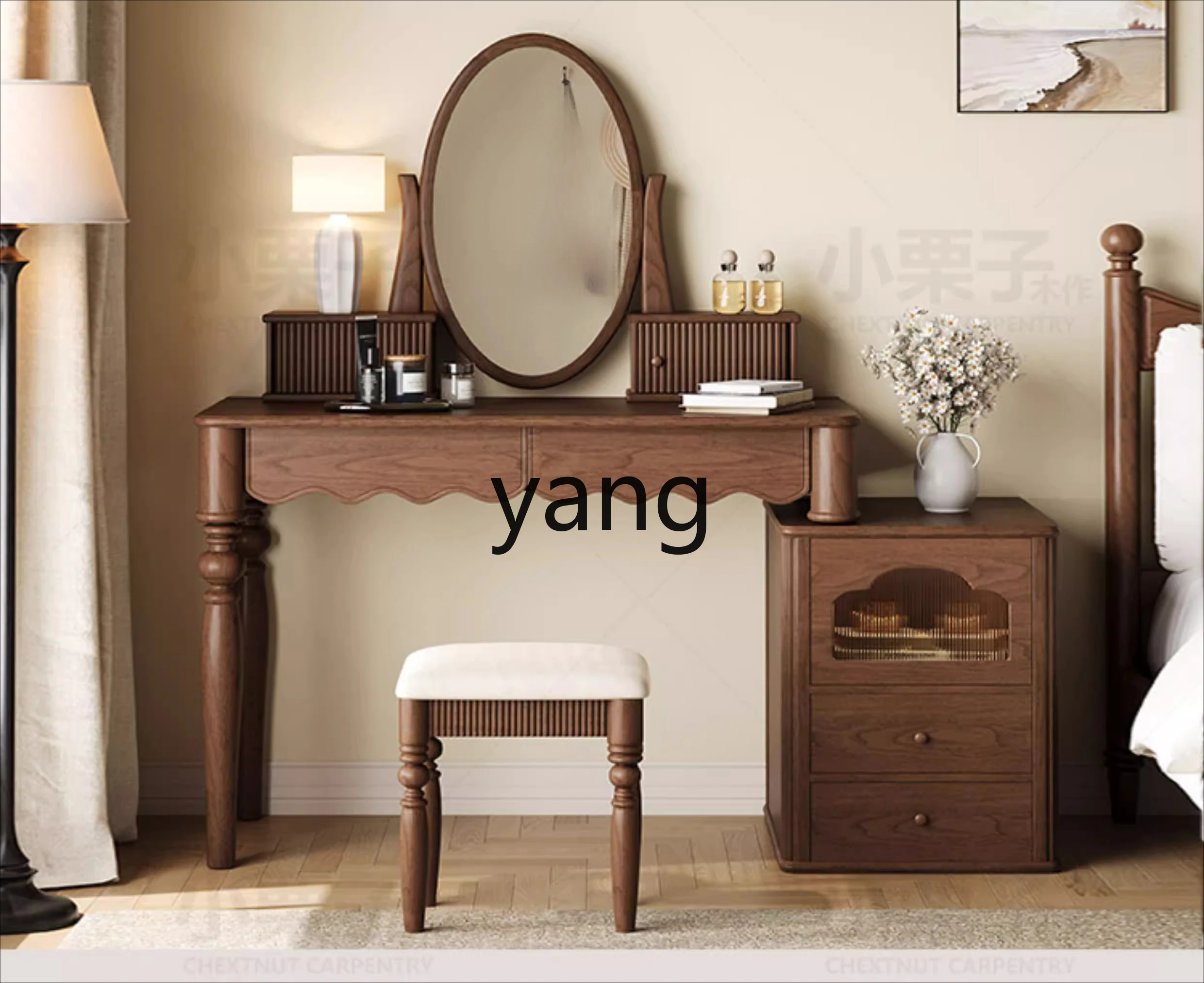 

LMM French retro dresser master bedroom small apartment black walnut solid wood makeup table